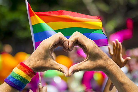 This is a stock photo. A person using their hands to form a heart, with a pride flag waving in the background.