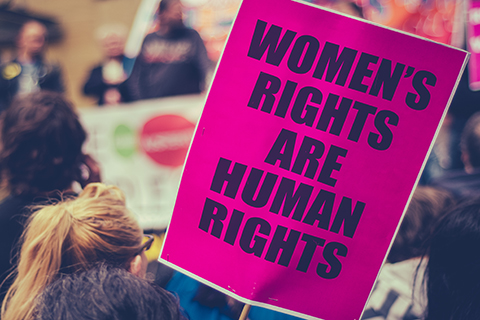 This is a stock photo. An up close photo of a sign which reads "women's rights are human rights."
